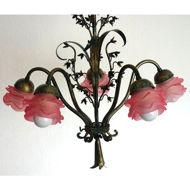 Mid-Century Modern Vintage Green-Gold Patinated Metal Pink Shade Chandelier, 1970s For Sale - Image 3 of 18