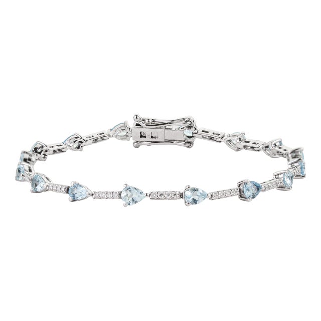 Mexican 1.61ct Pear Cut Aquamarine & Diamond Tennis Bracelet in 14k White Gold For Sale
