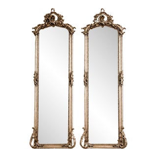 Late 20c Rococo Silver Wood Floor Mirrors by Artisans - Pair- 2 Pc For Sale