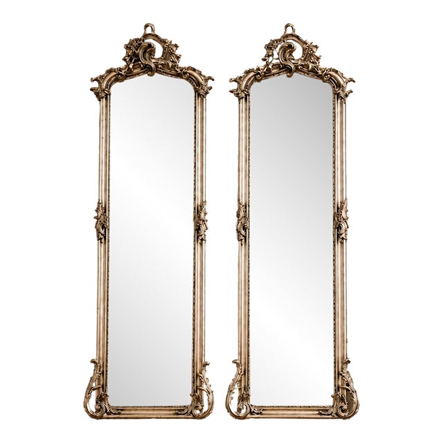 Late 20c Rococo Silver Wood Floor Mirrors by Artisans - Pair- 2 Pc For Sale