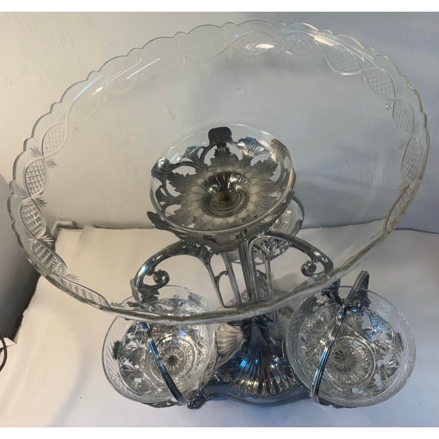 Metal Vintage Silver Metal and Crystal Epergne For Sale - Image 7 of 12