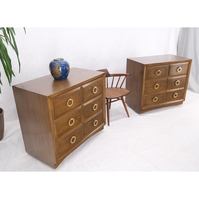 Pair of Gibbings Widdicomb Solid Brass Ring Drop Pulls Bachelor Chests Dressers on Wheels.