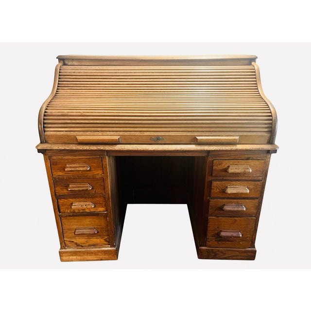 Early 20th Century 1900–1930 English Oak Roll-Top/Tambour Roll-Top Desk Edwardian Office Desk) And For Sale - Image 4 of 6