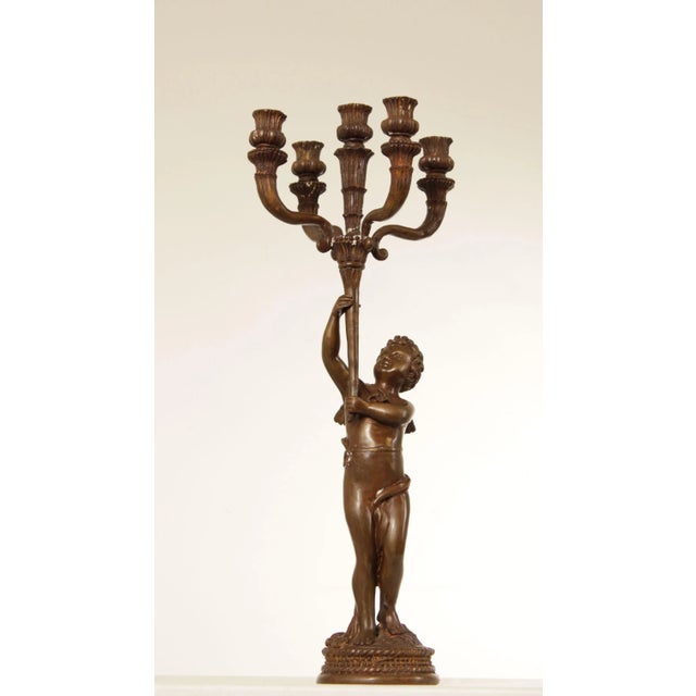High Quality Antique Patinated Bronze Candelabrum with Italian Cherub Holding Removable Six Candle Torch