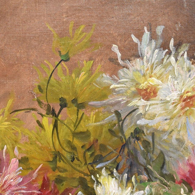 Dahlias and Little Roses, Large Oil on Canvas, 19th Century, Framed For Sale - Image 4 of 9