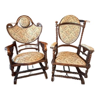 Pair of Antique Victorian Barley Twist Upholstered Franklin Rocking Chairs, Circa Late 19th Century For Sale