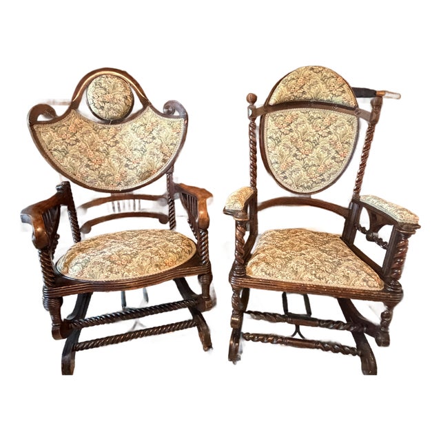 Pair of Antique Victorian Barley Twist Upholstered Franklin Rocking Chairs, Circa Late 19th Century For Sale
