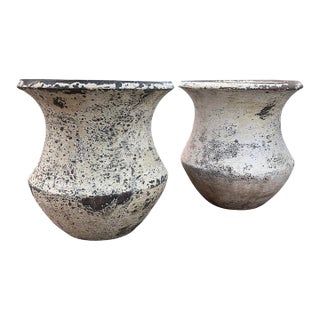 Pair of Vintage Faux-Stone Chipped Resin Garden Planters For Sale