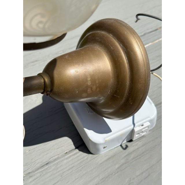 American Vintage 3 Light Brass Wall Sconce With Vianne Gas/Electric Shades For Sale - Image 3 of 12
