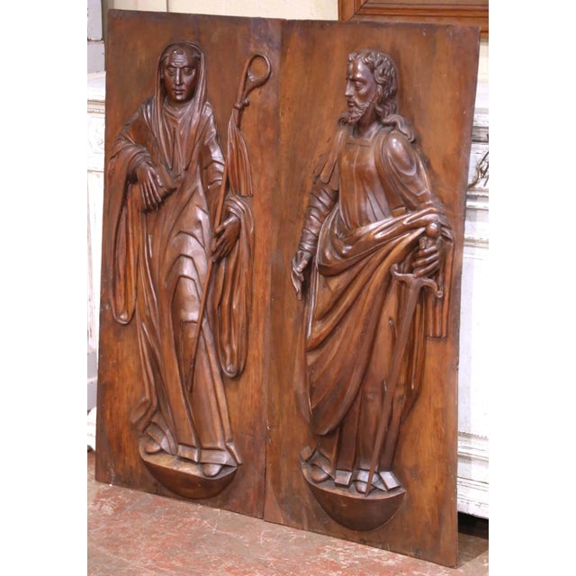 French Pair of 17th Century French Walnut Panels of Saint Paul and Saint Teresa of Ávila For Sale - Image 3 of 10