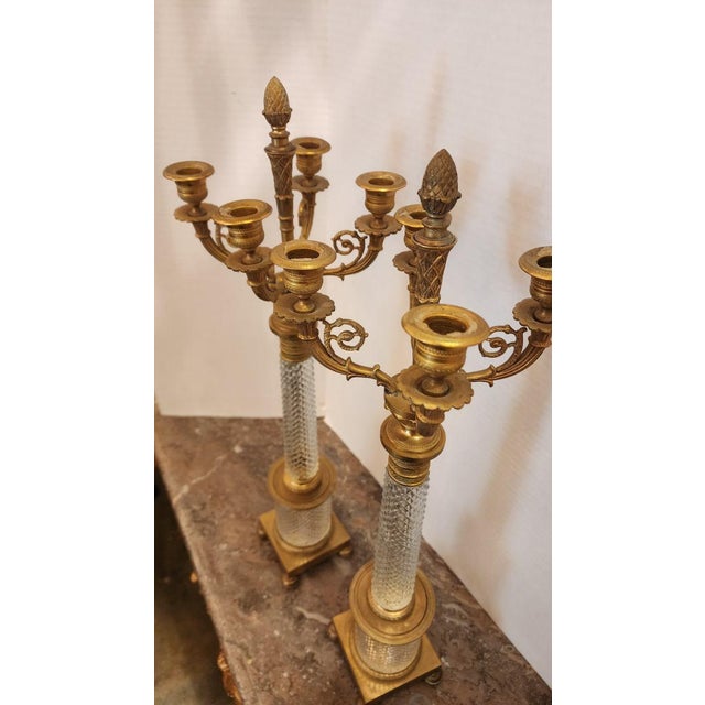 Pair of Early 20th Century Empire Style Bronze and Crystal Candelabra For Sale - Image 4 of 9