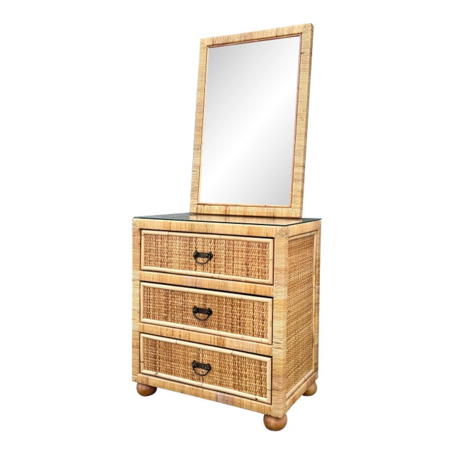 Boho Chic Wicker Wrapped Rattan Chest of Drawers With Mirror For Sale