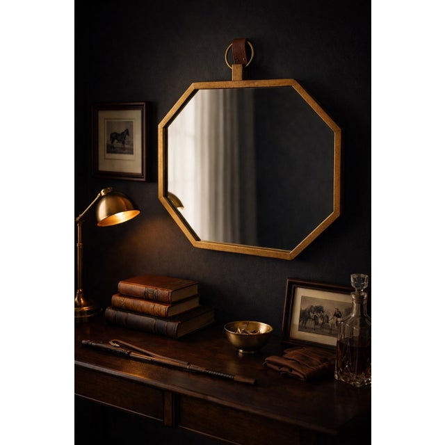 Octagonal Brass Wall Mirror With Leather Strap For Sale - Image 4 of 5