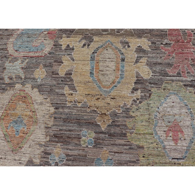 Large Floral Designed Modern Oushak on a Brown-Gray Field and Cream Border For Sale - Image 10 of 12