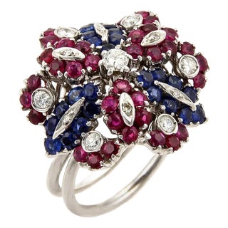 18316 - Diamonds Sapphire & Rubies 18k White Gold Floral Cluster Ring, Size 7 For Sale