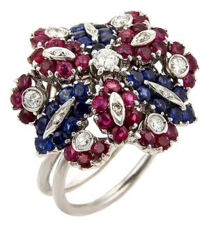 Diamonds Sapphire & Rubies 18k White Gold Floral Cluster Ring, Size 7