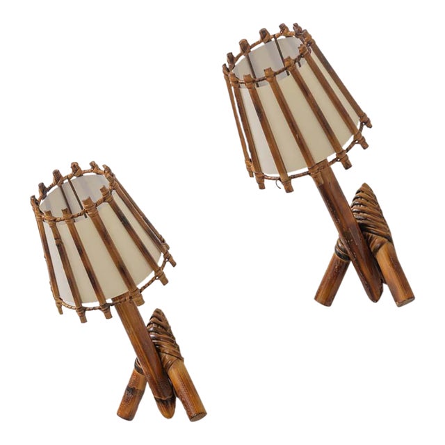 Pair of French Rattan Sconces by Louis Sognot For Sale
