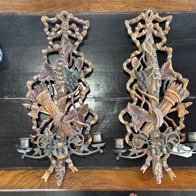 Wood Pair of Italian Mid 20th C Sconces W Bronze Bobeches For Sale - Image 7 of 12