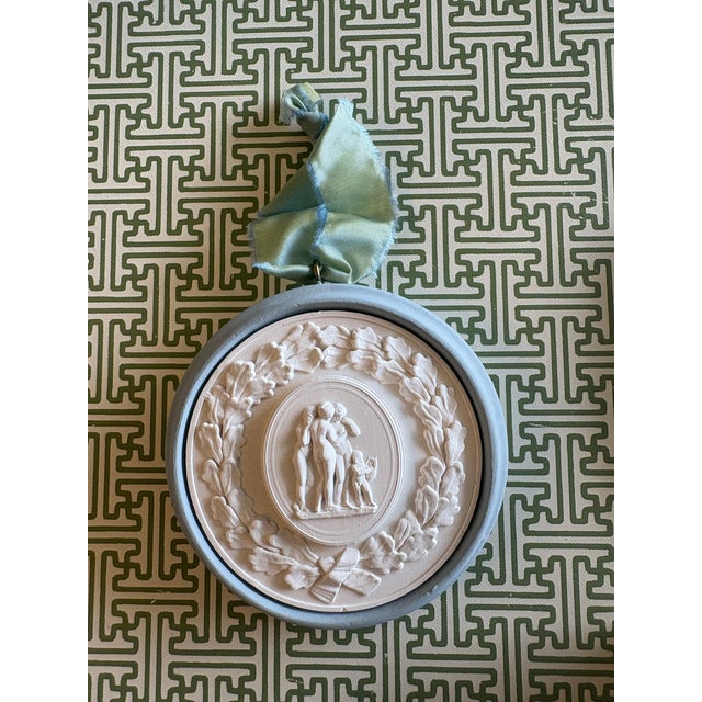 Plaster intaglio replica of Three Graces Grand Tour intaglio, painted, and ready to hang on antique French ribbon...