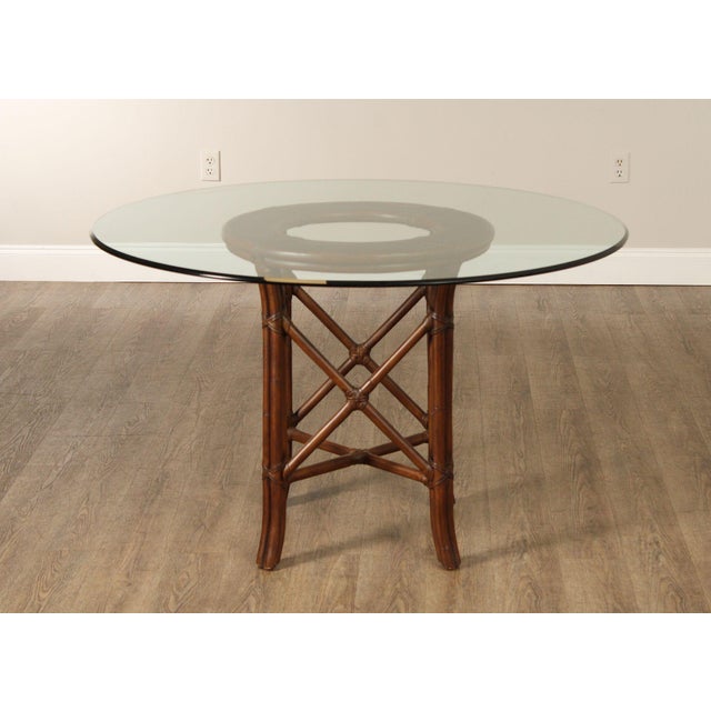Hollywood Regency Round Glass Top Rattan Dining Table For Sale - Image 4 of 17