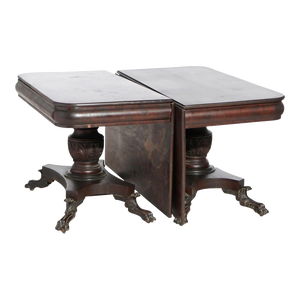 Antique American Empire Greco Flame Mahogany Double Pedestal Banquet Table 1840