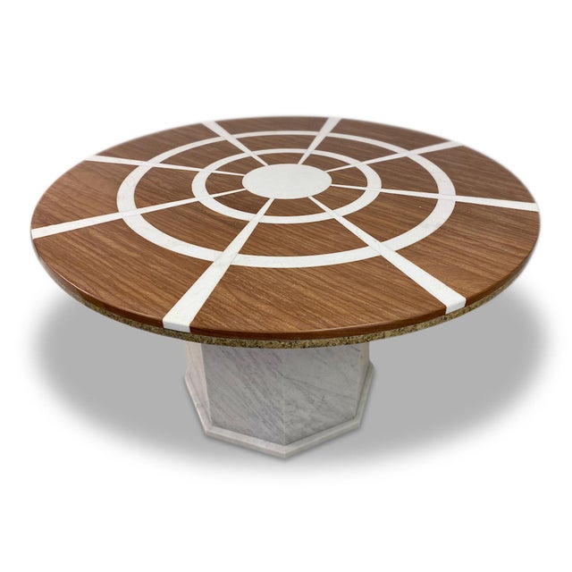 Marble dining table Red marble top with white stone inlay Double skin marble top Carrara marble base 1970s/1980s Italy