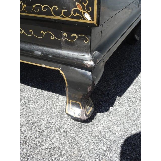 Vintage Oriental Black Lacquer Hand Painted Two Door Cabinet ~ Mother of Pearl For Sale - Image 11 of 12