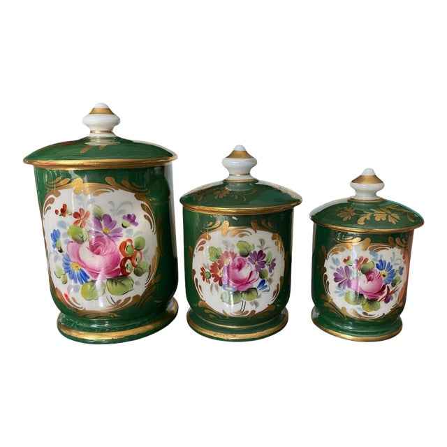 Antique Green French Victorian Hand Painted Porcelain ApothecaryJars With Lids, Set\3 For Sale
