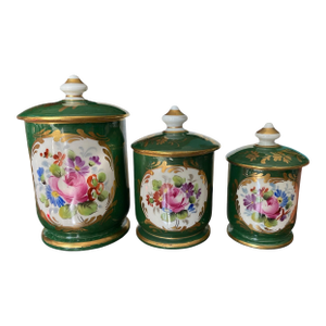 Antique Green French Victorian Hand Painted Porcelain ApothecaryJars With Lids, Set\3
