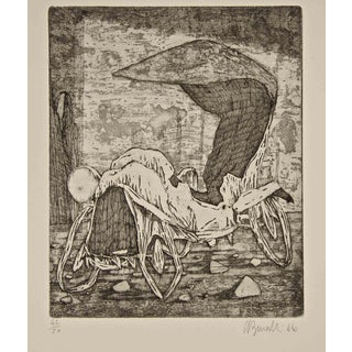 Armando Buratti, Jalopy and Wall, Etching, 1966 For Sale