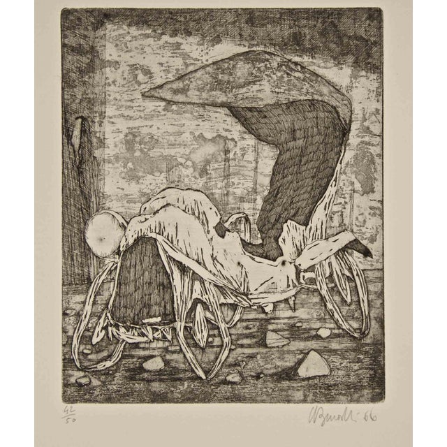 Armando Buratti, Jalopy and Wall, Etching, 1966 For Sale