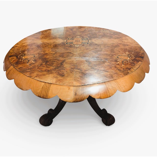 Early 19th Century Antique Oval Burlwood Coffee Table With Marquetry Inlay and Scalloped Edge For Sale - Image 5 of 16