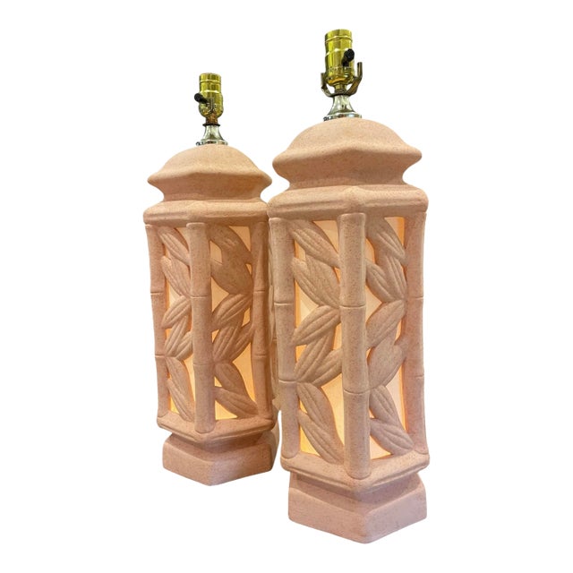 Vintage Sculptural Coral-Toned Faux Bamboo Ceramic Table Lamps, Pair For Sale