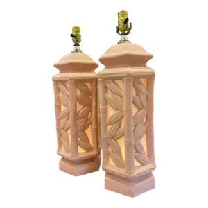 Vintage Sculptural Coral-Toned Faux Bamboo Ceramic Table Lamps, Pair