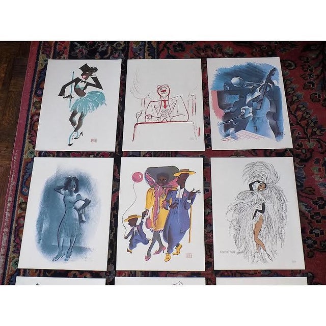 This set of nine (9) vintage lithographs (offset) by Al Hirschfeld (USA 1903-2003) depict caricatures of Harlem performers...