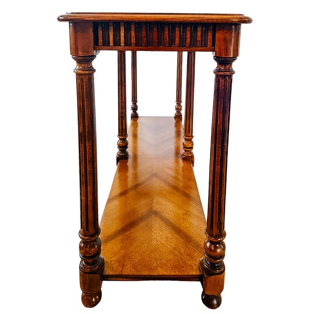 Vintage Neoclassical Two-Tier Sofa Walnut Table With Inset Glass Top & Fluted Legs For Sale In San Diego - Image 6 of 8
