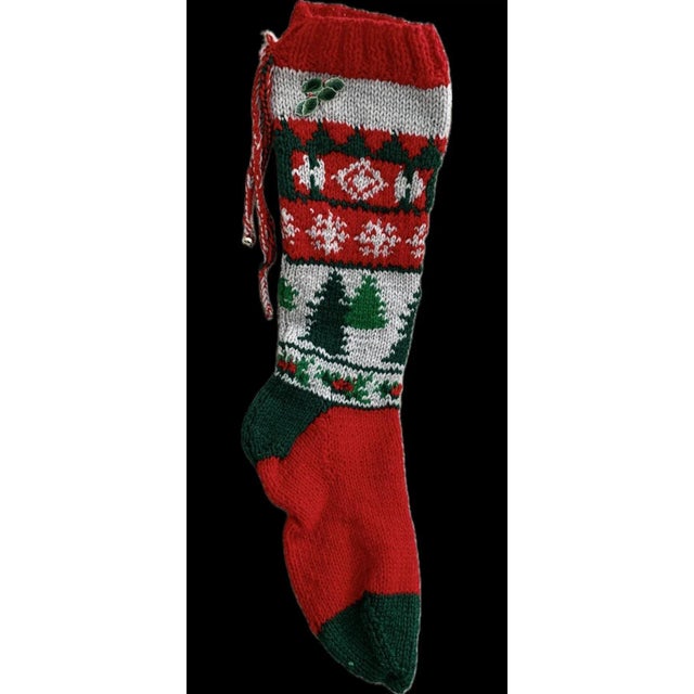 Vintage Hand Crochet Christmas Stockings Red Green Black Gray With Christmas Leaves Appliqué For Sale - Image 12 of 12