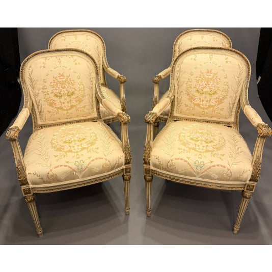 Set of 4 19th Century French Louis XVI Style Armchairs, Original Polychrome & Parcel Gilt, Circa 1890 For Sale - Image 10 of 11