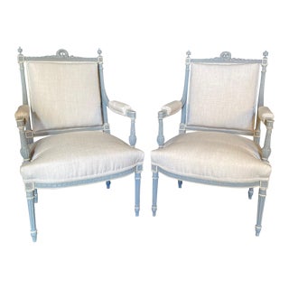 Grey Painted Louis XVI Armchairs With New Upholstery -A Pair For Sale