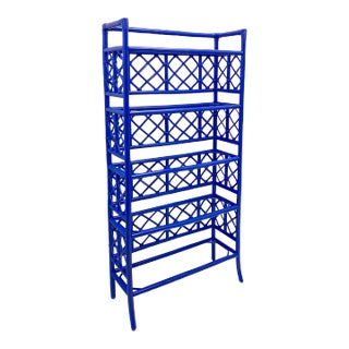 1960s Chinese Chippendale Style Blue Painted Rattan Shelf or Etagere by McGuire For Sale