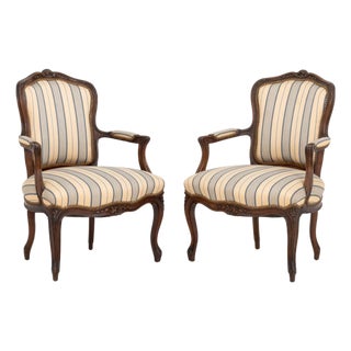 Pair of Louis XV Style Walnut Striped Linen Upholstered Fauteuils For Sale