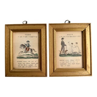 2 Antique Victorian English Dictionary Examples Noun/Verb Art Prints Gold Frames For Sale