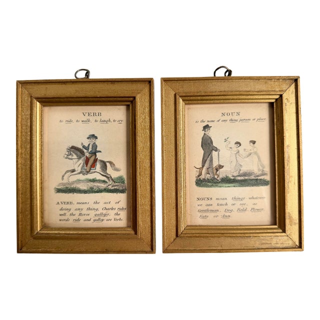 2 Antique Victorian English Dictionary Examples Noun/Verb Art Prints Gold Frames For Sale