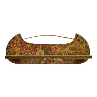 Early 1900s Wood Flemish Art Pyrography Canoe Tie Rack W/Indian Maiden For Sale