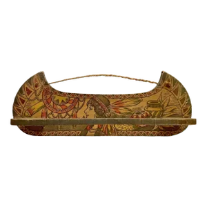Early 1900s Wood Flemish Art Pyrography Canoe Tie Rack W/Indian Maiden