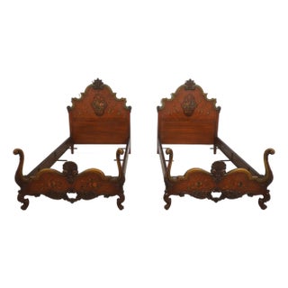 Pair of Vintage Paint Decorated French Style Carved Twin Beds For Sale