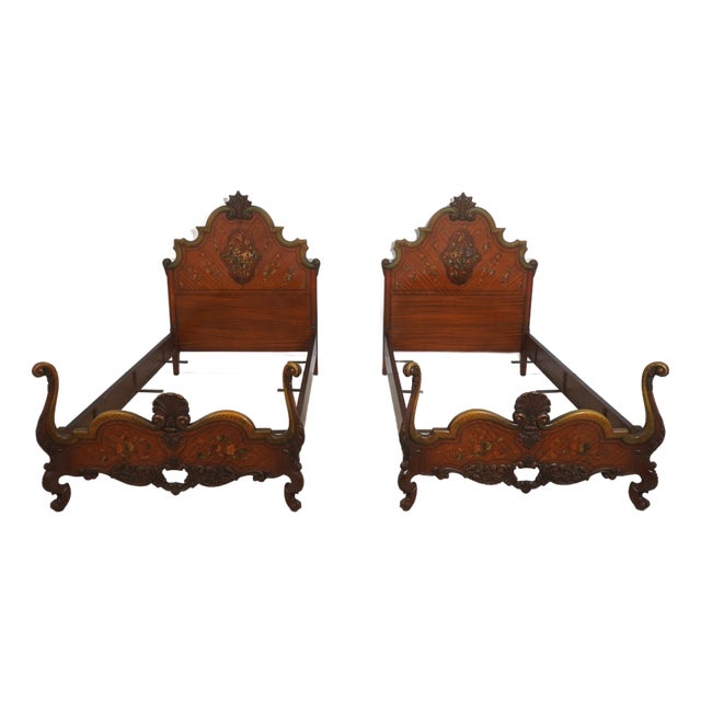 Pair of Vintage Paint Decorated French Style Carved Twin Beds For Sale