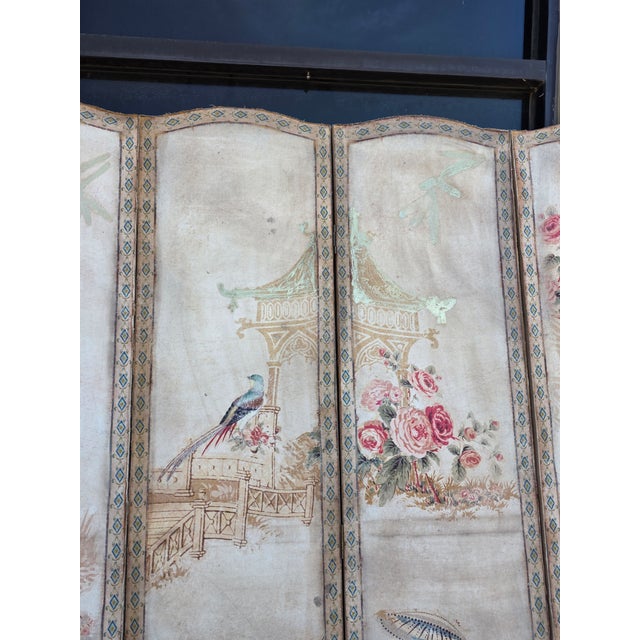 Vintage Four Panel French Chinoiserie Fabric Screen For Sale - Image 10 of 15