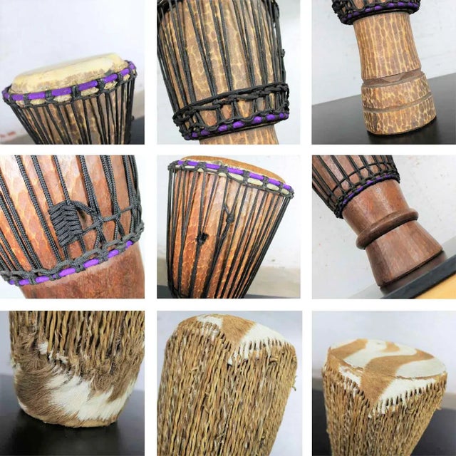 Vintage Trio of Tribal Drums Carved Wood and Animal Hide For Sale - Image 12 of 13