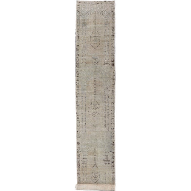 Skinny Long Turkish Runner With Floral Design in Taupe, Gray, and Brown For Sale